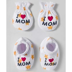Babyhug 100% Cotton Interlock Knit Mittens & Booties Set With Text Print - White