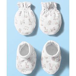 Babyhug 100% Cotton Knit  Mittens & Booties Set with Animal Print - White
