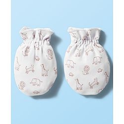Babyhug 100% Cotton Knit  Mittens & Booties Set with Animal Print - White