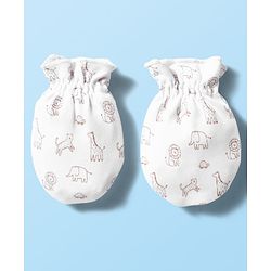 Babyhug 100% Cotton Knit  Mittens & Booties Set with Animal Print - White