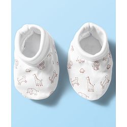 Babyhug 100% Cotton Knit  Mittens & Booties Set with Animal Print - White