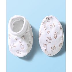 Babyhug 100% Cotton Knit  Mittens & Booties Set with Animal Print - White