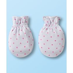 Babyhug 100% Cotton Knit Mittens & Booties Set with Polka Dot Print - White