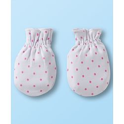 Babyhug 100% Cotton Knit Mittens & Booties Set with Polka Dot Print - White