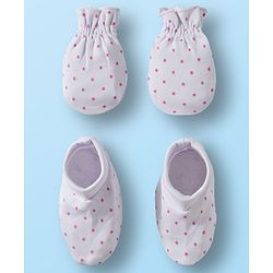 Babyhug 100% Cotton Knit Mittens & Booties Set with Polka Dot Print - White