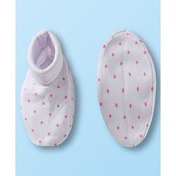 Babyhug 100% Cotton Knit Mittens & Booties Set with Polka Dot Print - White