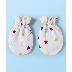 Babyhug 100% Cotton Interlock Knit Mittens & Booties Set With Star Print - White