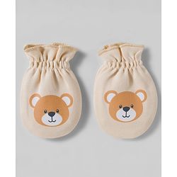 Babyhug 100% Cotton Interlock Knit Mittens & Booties Set With Animal Print - Beige