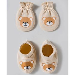 Babyhug 100% Cotton Interlock Knit Mittens & Booties Set With Animal Print - Beige