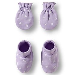 Babyhug 100% Cotton Knit Mittens & Booties Set with Airplane Print - Lavender