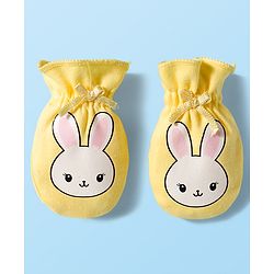 Babyhug 100% Cotton Interlock Knit Mittens & Booties Set With Bunny Print - Yellow