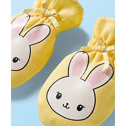 Babyhug 100% Cotton Interlock Knit Mittens & Booties Set With Bunny Print - Yellow