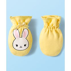 Babyhug 100% Cotton Interlock Knit Mittens & Booties Set With Bunny Print - Yellow