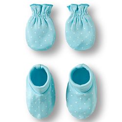 Babyhug 100% Cotton Knit Mittens & Booties Set with Polka Dot Print - Light Blue