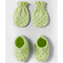 Babyhug 100% Cotton Interlock Knit Mittens & Booties Set With Polka Dot Print - Lime Green