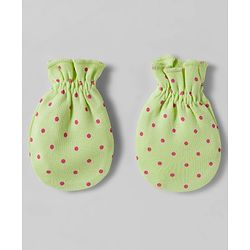 Babyhug 100% Cotton Interlock Knit Mittens & Booties Set With Polka Dot Print - Lime Green