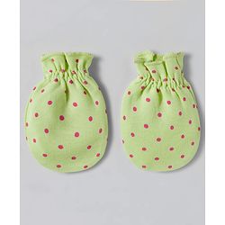Babyhug 100% Cotton Interlock Knit Mittens & Booties Set With Polka Dot Print - Lime Green