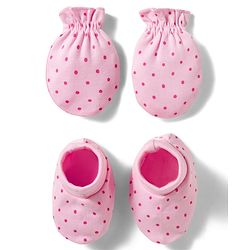 Babyhug 100% Cotton Knit  Mittens & Booties Set with Polka Dot Print - Pink