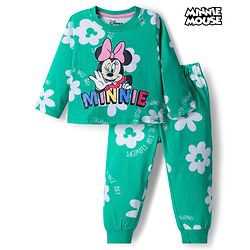 Babyhug Disney Single Jersey Knit Full Sleeves Night Suit With Minnie Mouse Print - Green