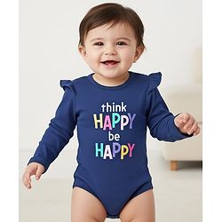 Babyhug 100% Cotton Knit Full Sleeves Onesie With Text Print - Navy Blue