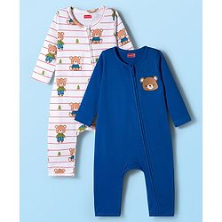 Babyhug 100% Cotton Knit Full Sleeves Rompers With Teddy Bear Print Pack of 2 - Navy Blue & White