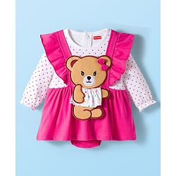 Babyhug Interlock Knit 100% Cotton Frock Style Onesies with Hairband & Teddy Patch- Dark Pink