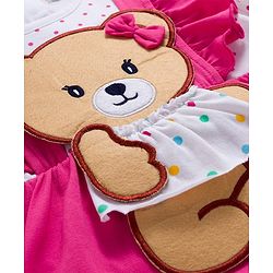 Babyhug Interlock Knit 100% Cotton Frock Style Onesies with Hairband & Teddy Patch- Dark Pink