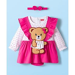 Babyhug Interlock Knit 100% Cotton Frock Style Onesies with Hairband & Teddy Patch- Dark Pink