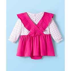 Babyhug Interlock Knit 100% Cotton Frock Style Onesies with Hairband & Teddy Patch- Dark Pink