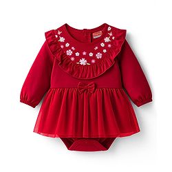 Babyhug 100% Cotton Knit Full Sleeves Frock Style Onesie With Floral Print & Bow Applique - Red
