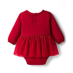 Babyhug 100% Cotton Knit Full Sleeves Frock Style Onesie With Floral Print & Bow Applique - Red