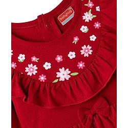 Babyhug 100% Cotton Knit Full Sleeves Frock Style Onesie With Floral Print & Bow Applique - Red