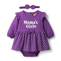 Babyhug 100% Cotton Knit Full Sleeves Heart Printed Frock Style Onesie With Bow Applique & Hairband - Violet