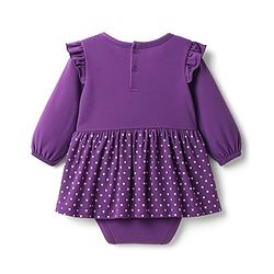 Babyhug 100% Cotton Knit Full Sleeves Heart Printed Frock Style Onesie With Bow Applique & Hairband - Violet
