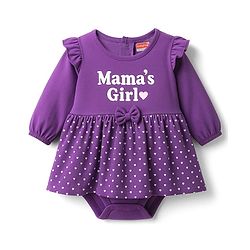 Babyhug 100% Cotton Knit Full Sleeves Heart Printed Frock Style Onesie With Bow Applique & Hairband - Violet