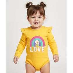 Babyhug 100% Cotton Knit Full Sleeves Onesie With Rainbow & Floral Print - Yellow