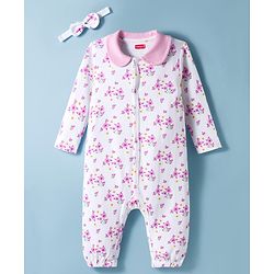 Babyhug 100% Cotton Knit Full Sleeves Romper With Floral Print & Hairband - White