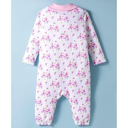 Babyhug 100% Cotton Knit Full Sleeves Romper With Floral Print & Hairband - White