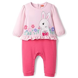 Babyhug 100% Cotton Knit Full Sleeves Romper With Bunny & Floral Print - Pink