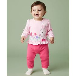 Babyhug 100% Cotton Knit Full Sleeves Romper With Bunny & Floral Print - Pink