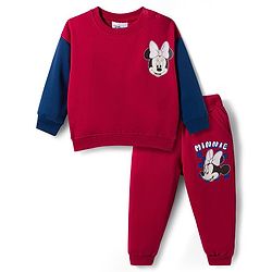 Babyhug Disney Terry Knit  Full Sleeves Sweatshirt and Track Pant Set with Minnie Mouse Graphic - Maroon