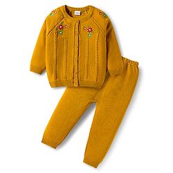 Babyhug Knitted Full Raglan Sleeves Sweater Set With Floral Embroidery - Yellow