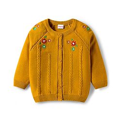 Babyhug Knitted Full Raglan Sleeves Sweater Set With Floral Embroidery - Yellow
