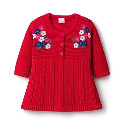 Babyhug Knit Full Sleeves Woollen Dress with Floral Embroidery & Cable Knit Design - Coral