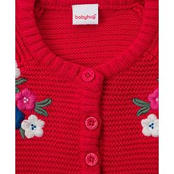 Babyhug Knit Full Sleeves Woollen Dress with Floral Embroidery & Cable Knit Design - Coral