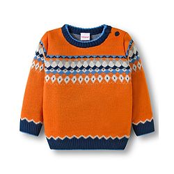 Babyhug Knit Full Sleeves Sweater Set With Aztec Design - Orange & Navy  Blue