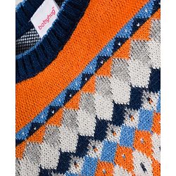 Babyhug Knit Full Sleeves Sweater Set With Aztec Design - Orange & Navy  Blue