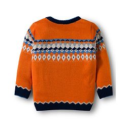 Babyhug Knit Full Sleeves Sweater Set With Aztec Design - Orange & Navy  Blue