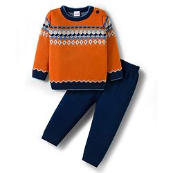 Babyhug Knit Full Sleeves Sweater Set With Aztec Design - Orange & Navy  Blue