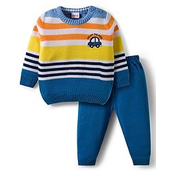 Babyhug Knitted Full Sleeves Striped Sweater Set - Navy Blue